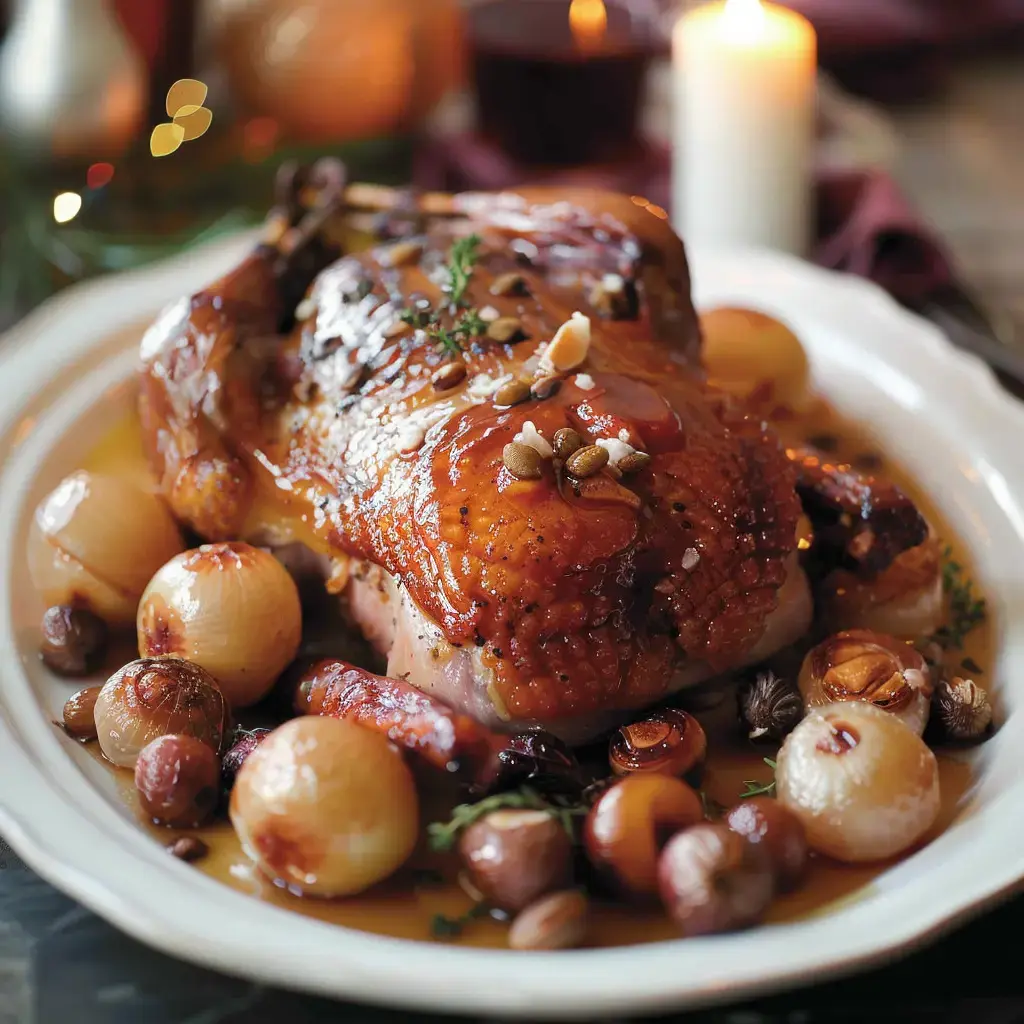 Ein knusprig gebratener Vogel neben Zwiebeln und Nüssen in aromatischer Sauce.