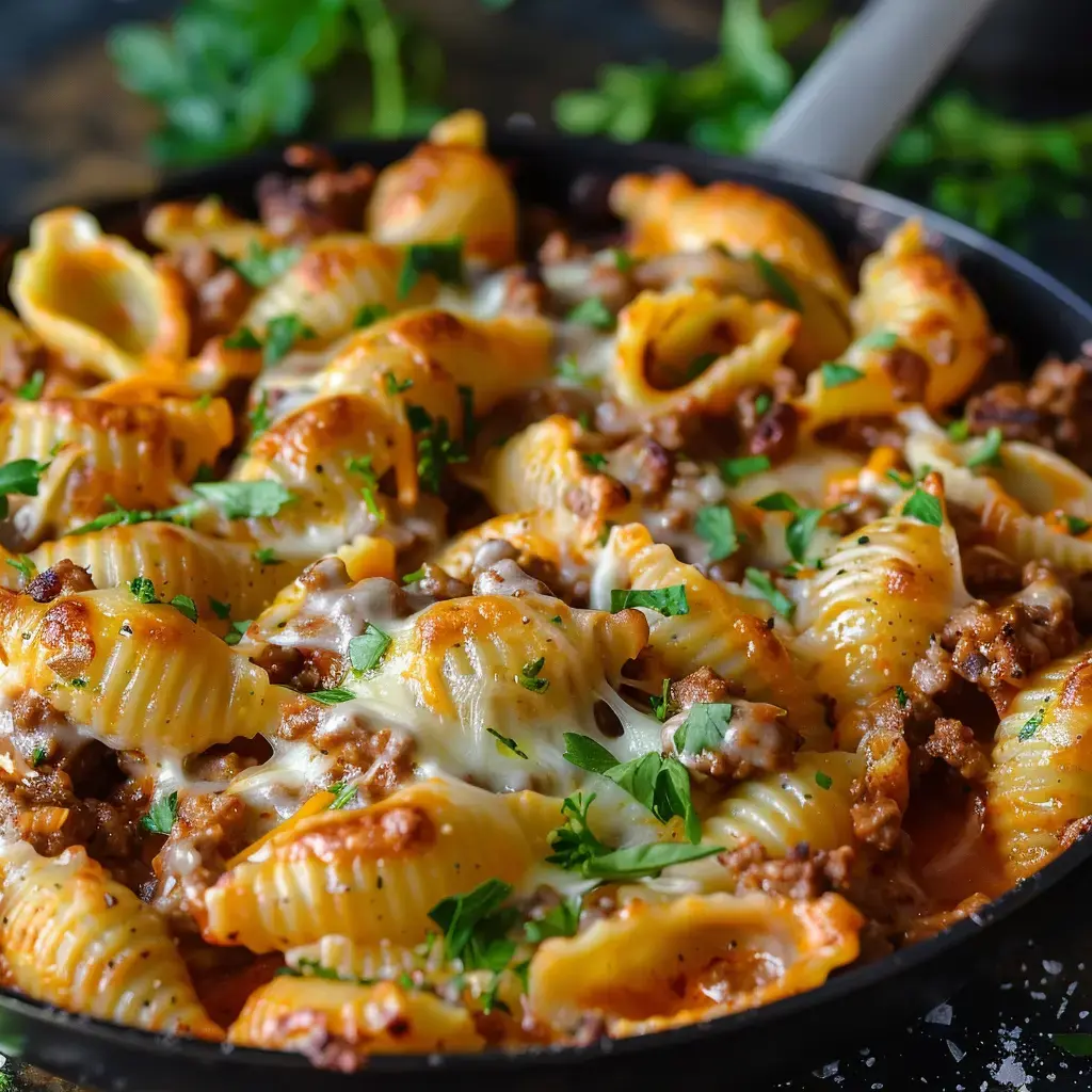 Eine Pfanne mit Coquille-Nudeln, Hackfleisch, geschmolzenem Käse und frischer Petersilie.