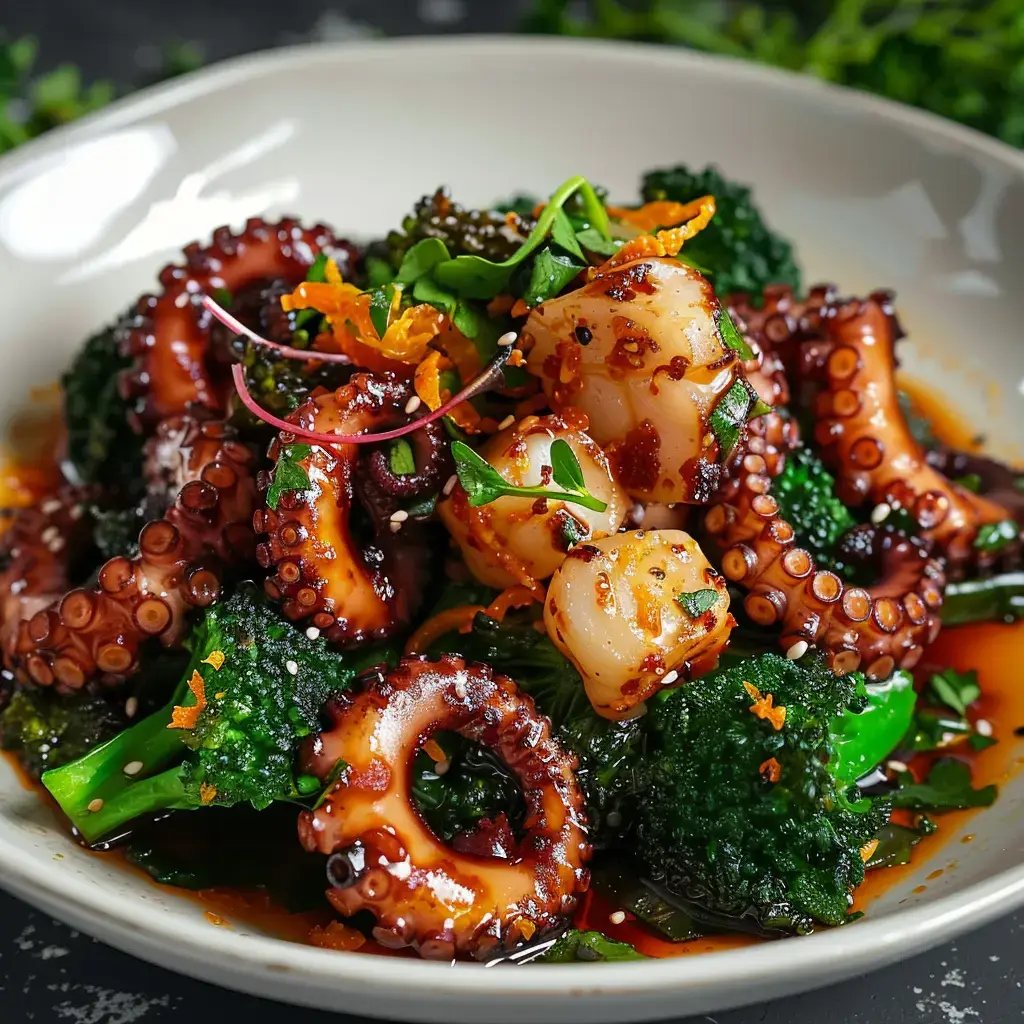 Ein Teller mit gegrilltem Oktopus und Brokkoli, garniert mit Orangenzesten und frischen Kräutern in einer würzigen Sauce.