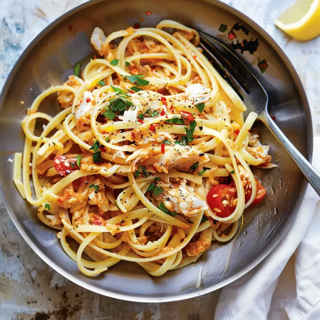 Ein Teller Spaghetti mit Tomaten, Hühnchen und frischen Kräutern, serviert in einer Metallschale.