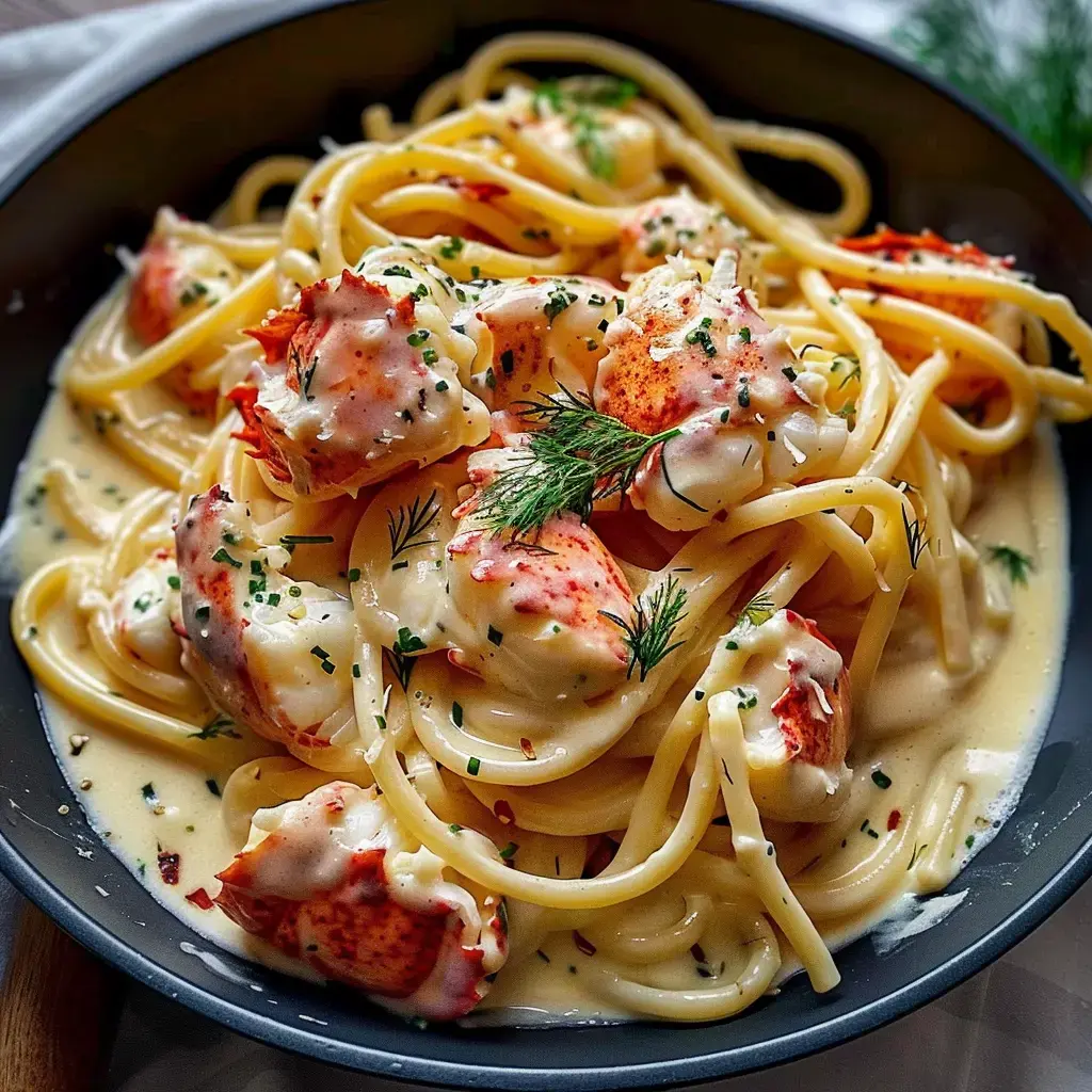 Pasta mit zarten Hummerstücken in einer cremigen Sauce, verfeinert mit frischen Kräutern.
