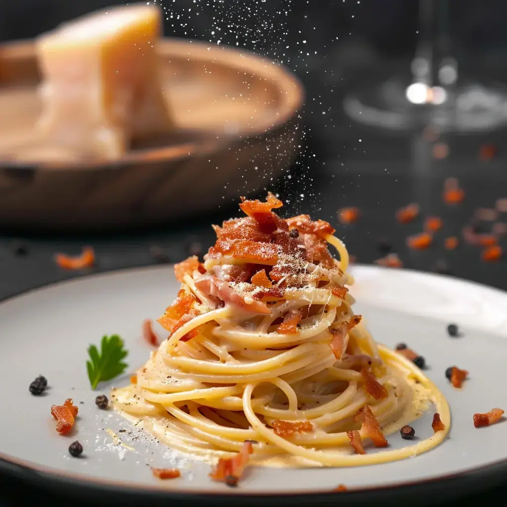 Ein Teller Spaghetti mit knusprigem Speck und Käse, garniert mit etwas Petersilie, serviert auf einem weißen Teller.