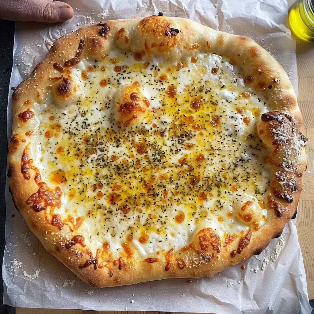 Eine knusprig gebräunte Käsepizza mit geschmolzenem Käsebelag und frisch gemahlenem schwarzem Pfeffer.