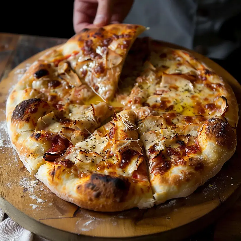 Eine frisch gebackene Pizza mit Schinken und Käse wird auf einem Holzbrett angeschnitten.