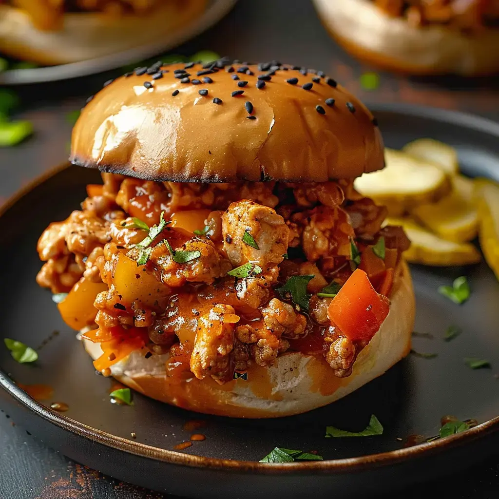 Ein Burger mit Hackfleisch, buntem Gemüse und Soße, serviert in einem Brötchen mit Sesam.