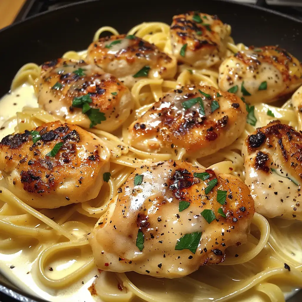 Knusprig gebratene Hühnerstücke auf cremigen Linguine, garniert mit frischer Petersilie und schwarzem Pfeffer.
