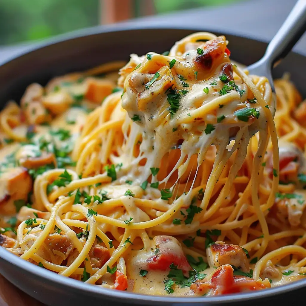 Cremige Spaghetti mit Huhn und frischem Petersilien-Topping.