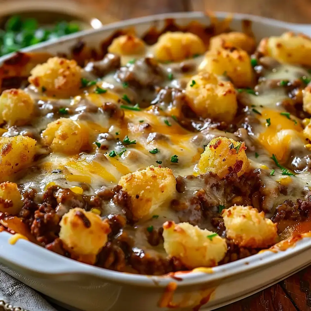 Ein Auflauf mit Hackfleisch, Kartoffeln und geschmolzenem Käse, garniert mit Petersilie.