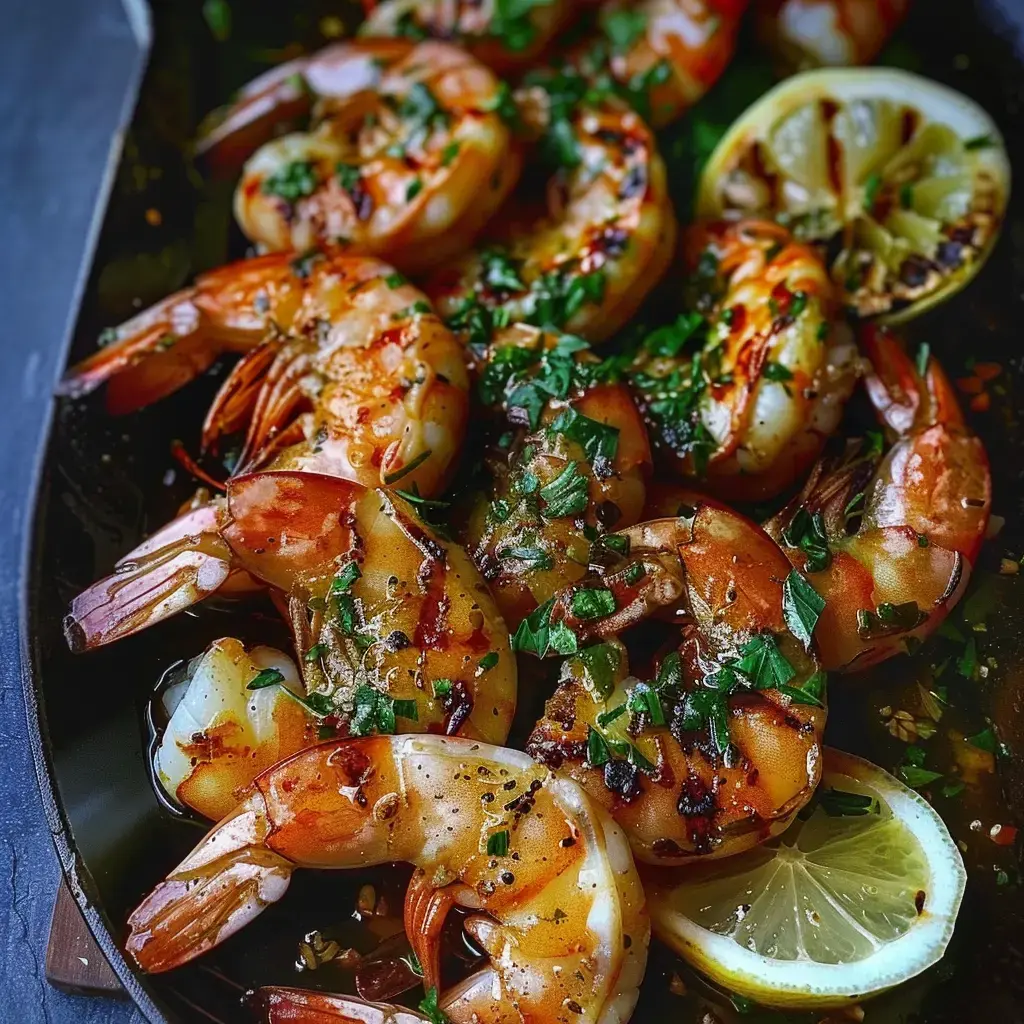 Gegrillte Gambas garniert mit Petersilie und Zitronenscheiben.