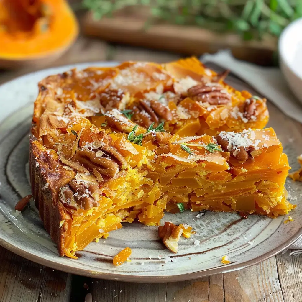 Ein herzhafter Butternut-Kuchen mit Pekannüssen und Käse auf einem Teller.