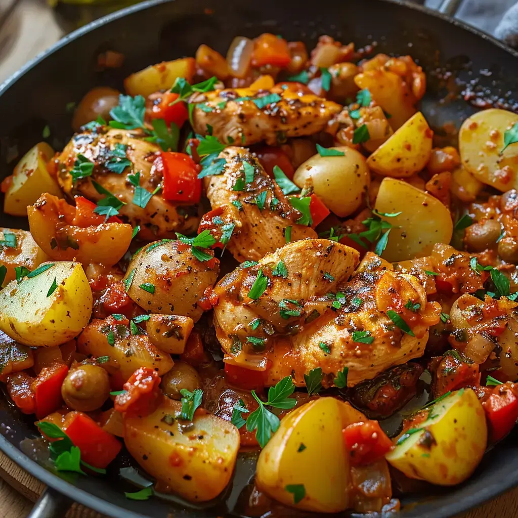 Geschmortes Hühnchen mit Kartoffeln, Paprika und Kräutern in einer Pfanne.