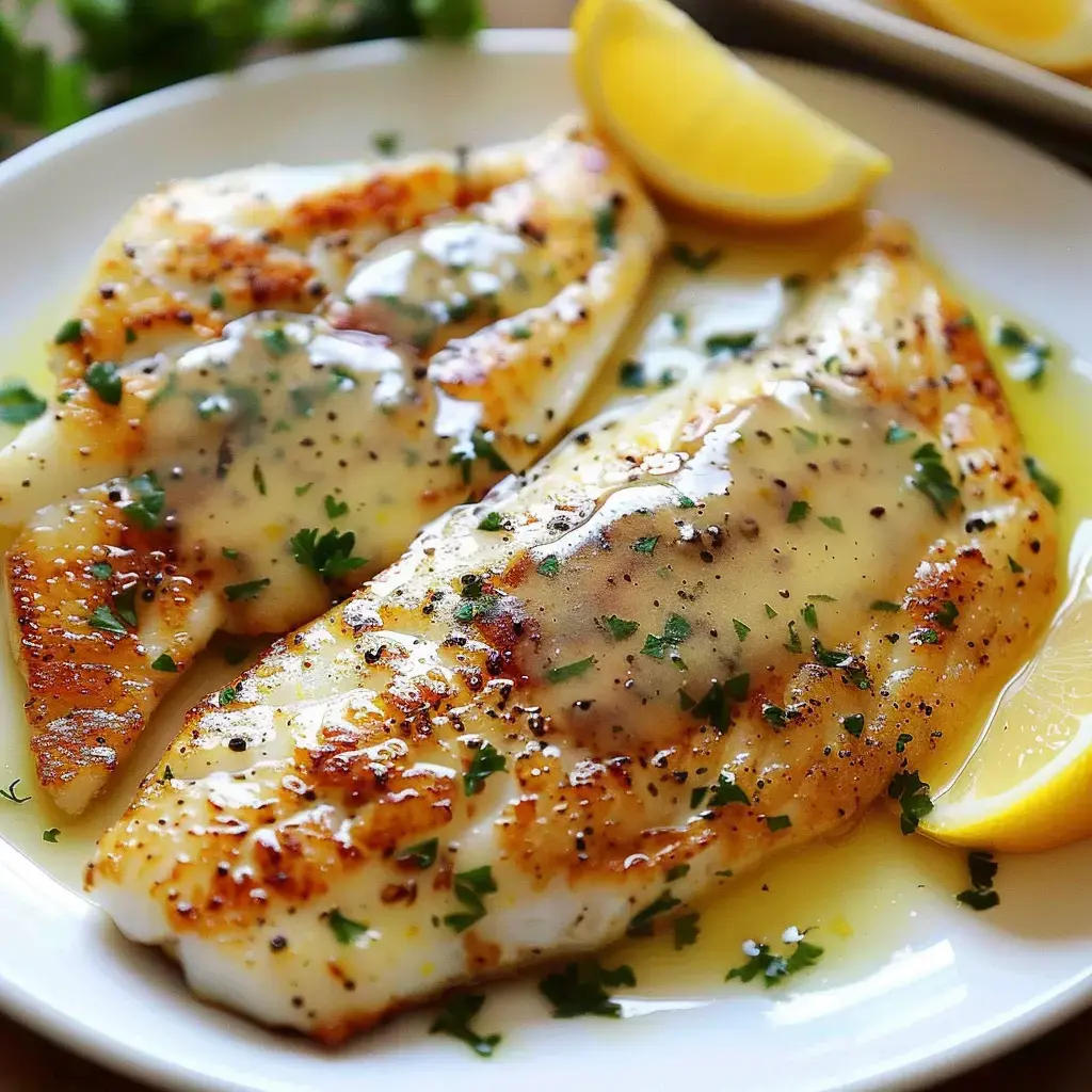 Zwei goldbraune Fischfilets mit Zitronenbuttersauce und Petersilie garniert, auf einem Teller mit Zitronenspalten serviert.
