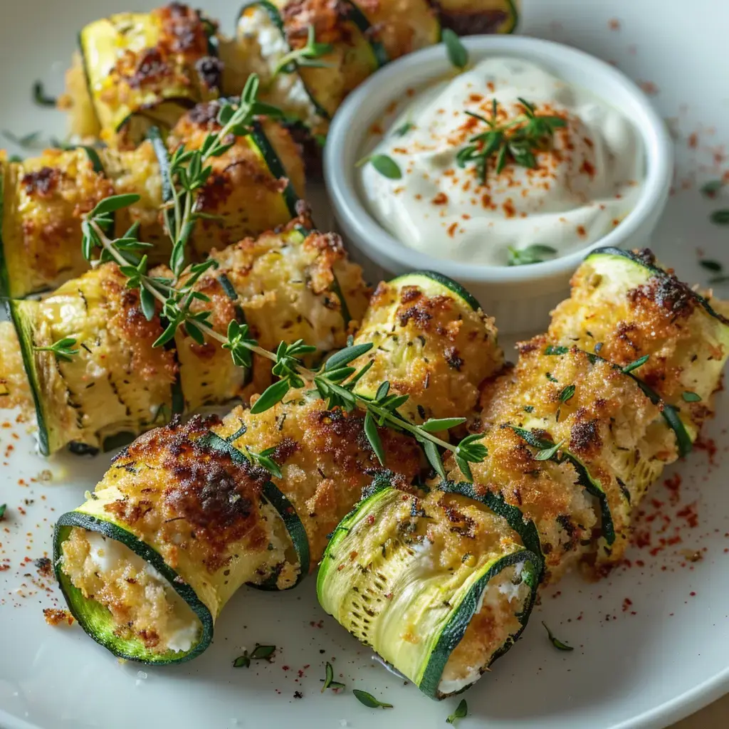 Goldbraune Zucchiniröllchen, gefüllt mit Käse und Kräutern, serviert mit einer cremigen Soße.