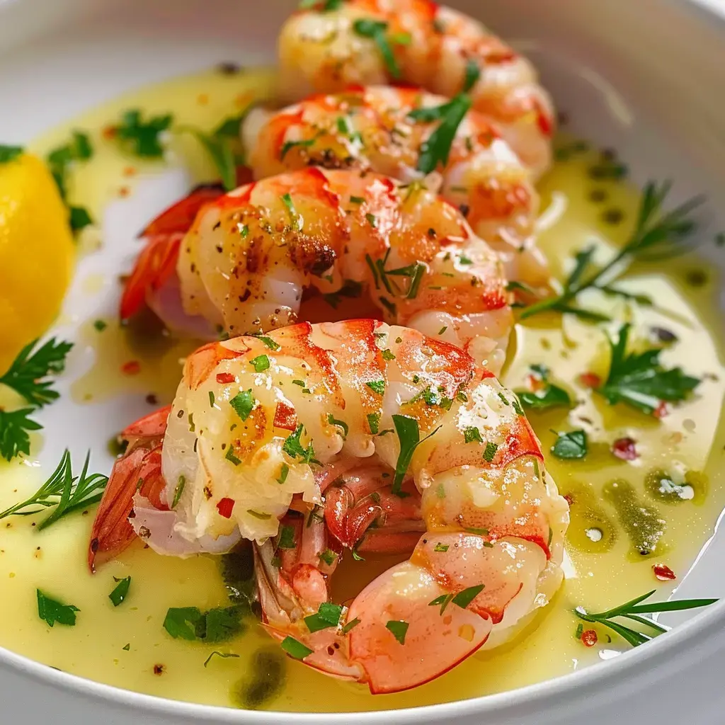 Gebratene Gambas mit Petersilie garniert, serviert in einer Zitronenbuttersauce und dazu eine Zitronenspalte.