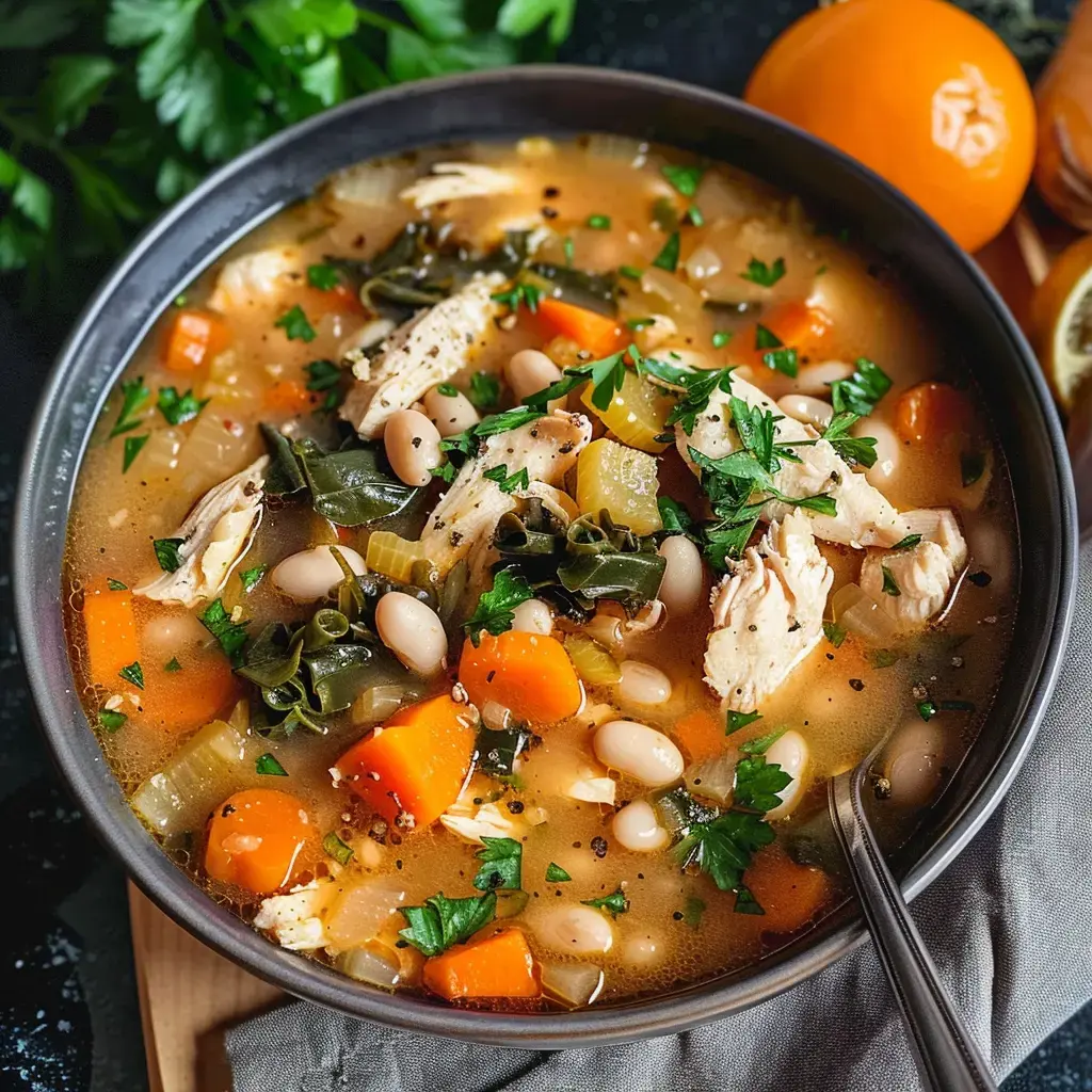 Eine herzhafte Suppe mit Hühnchen, weißen Bohnen und frischem Gemüse, garniert mit Petersilie.