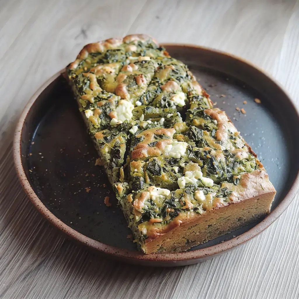 Ein herzhaftes Brot mit Spinat und Feta auf einem rustikalen Teller serviert.