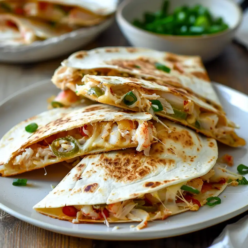 Ein Teller mit goldenen Quesadillas, gefüllt mit Meeresfrüchten, Käse und Gemüse, im Hintergrund eine Schüssel Schnittlauch.