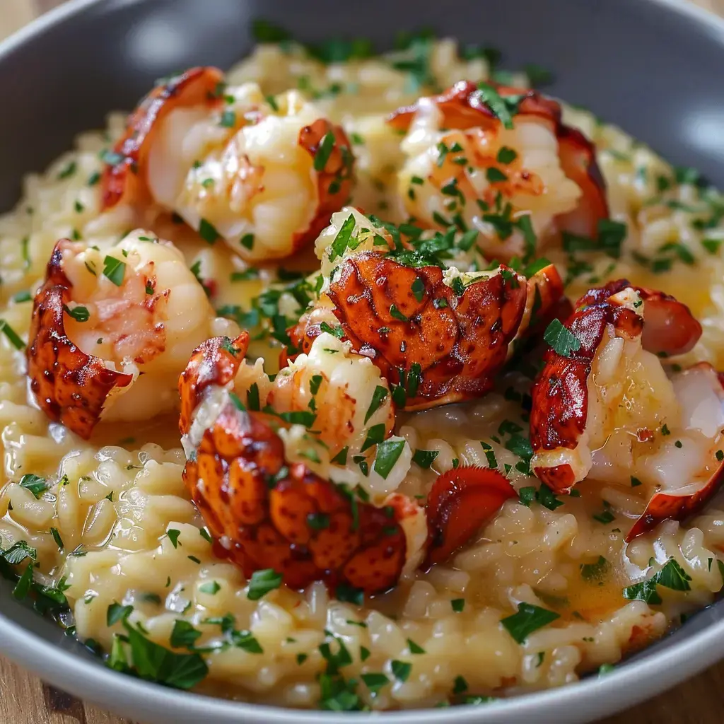 Cremiges Risotto, garniert mit Hummerschwanz und gehackter Petersilie.