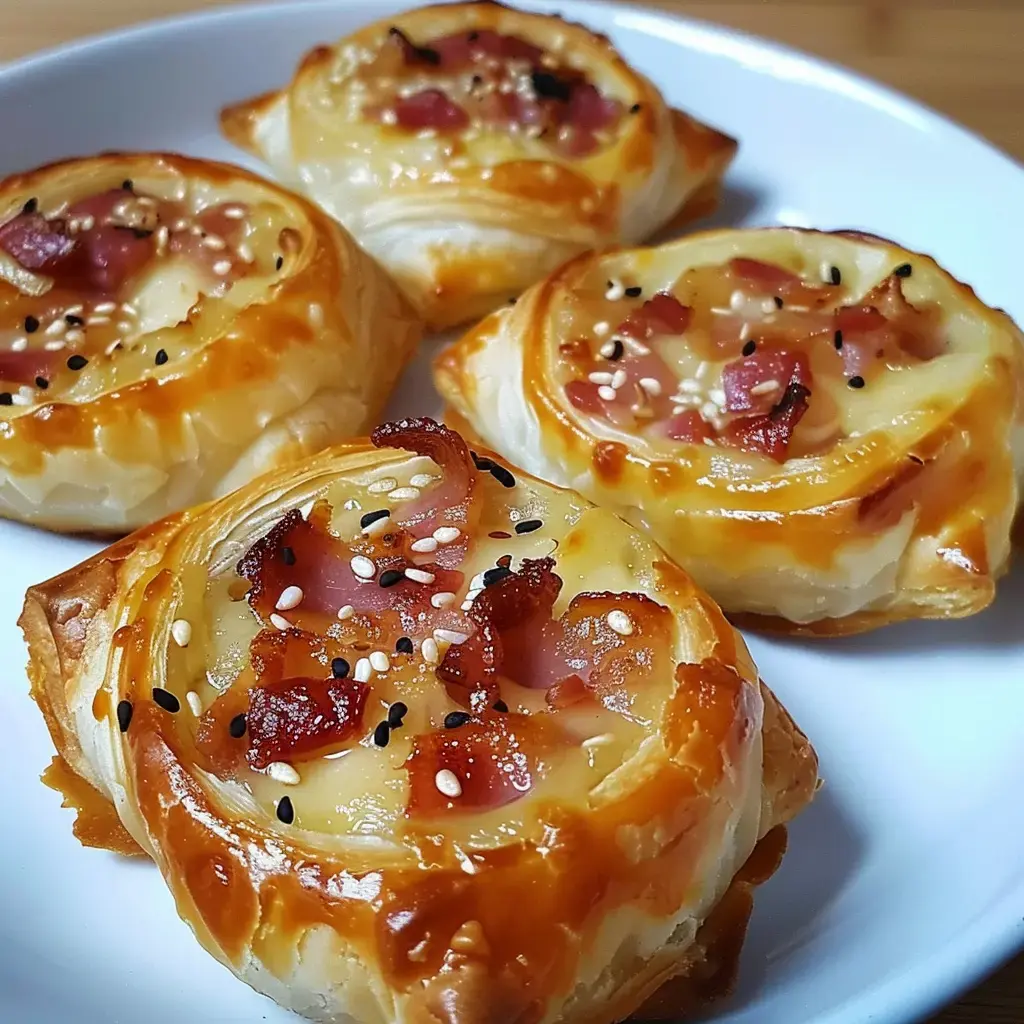 Vier knusprige Blätterteigbissen, gefüllt mit Käse und Schinken, mit Sesam bestreut, auf einem weißen Teller serviert.