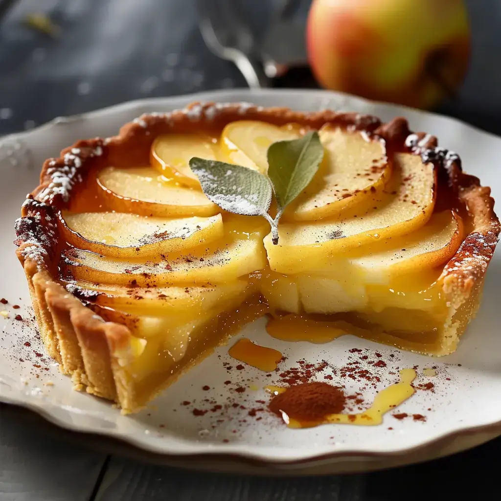 Ein Stück Apfeltarte mit saftigem Flan und goldenen Apfelscheiben, garniert mit Sirup und einem Hauch Zimt, auf einem Teller präsentiert.