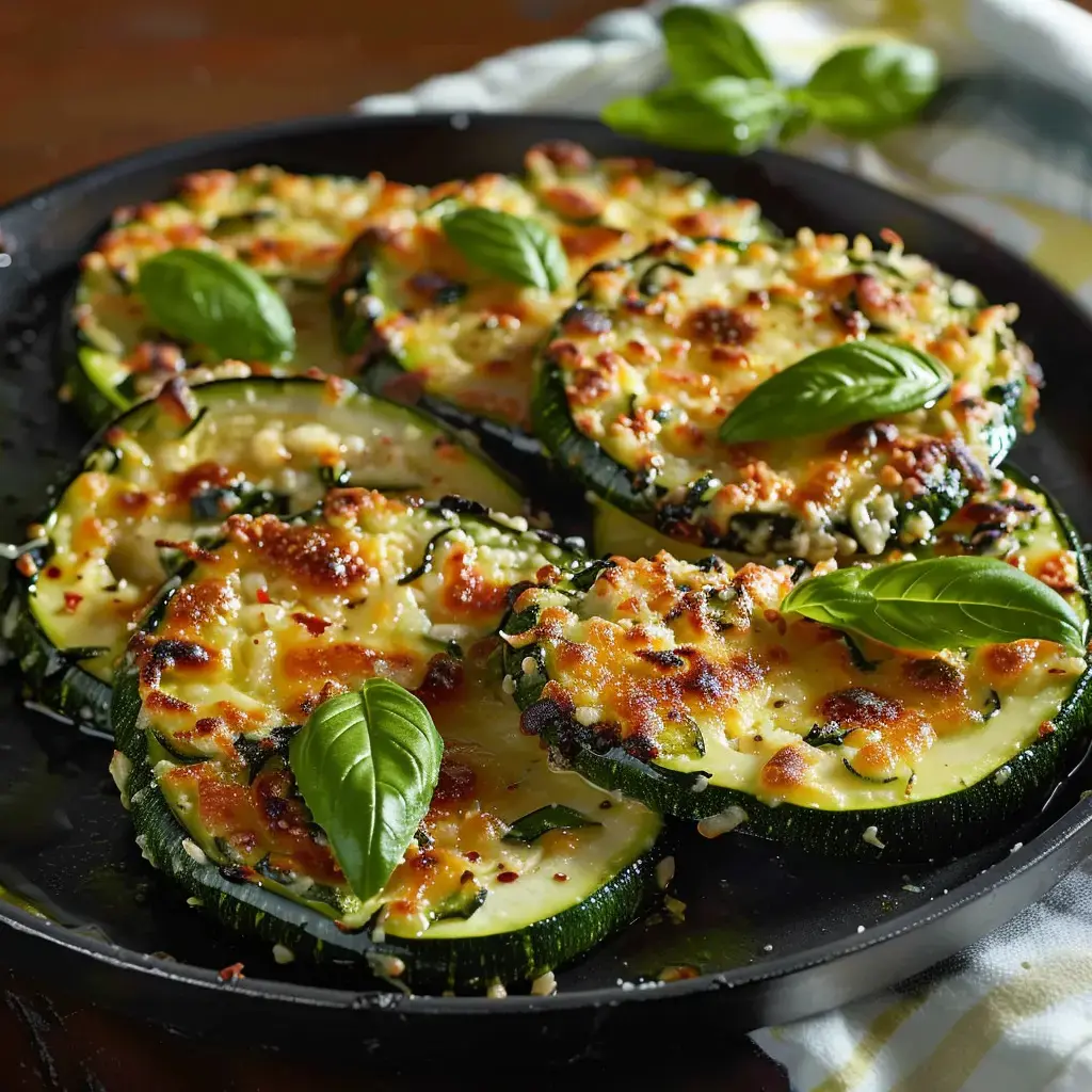 Mit Käse und Basilikum überbackene Zucchinisteaks in einer dunklen Schale serviert.