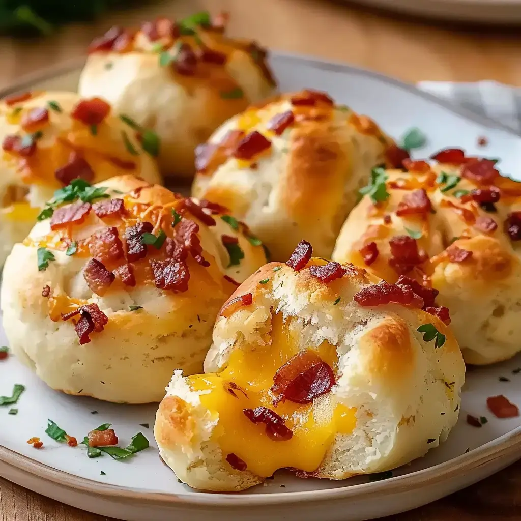 Knusprige Käsebällchen mit Bacon, garniert mit frischem Petersilie auf einem Teller.