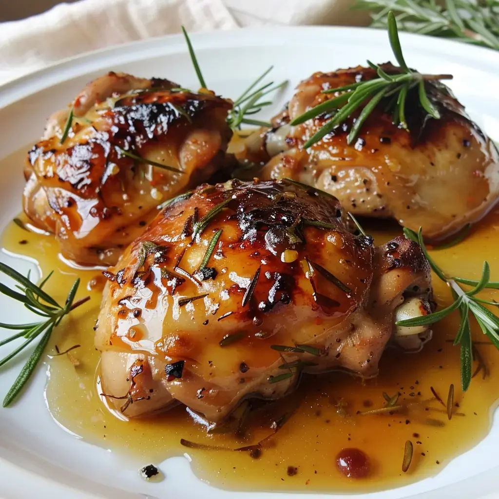 Hähnchenschenkel in goldener Sauce mit Kräutern serviert.
