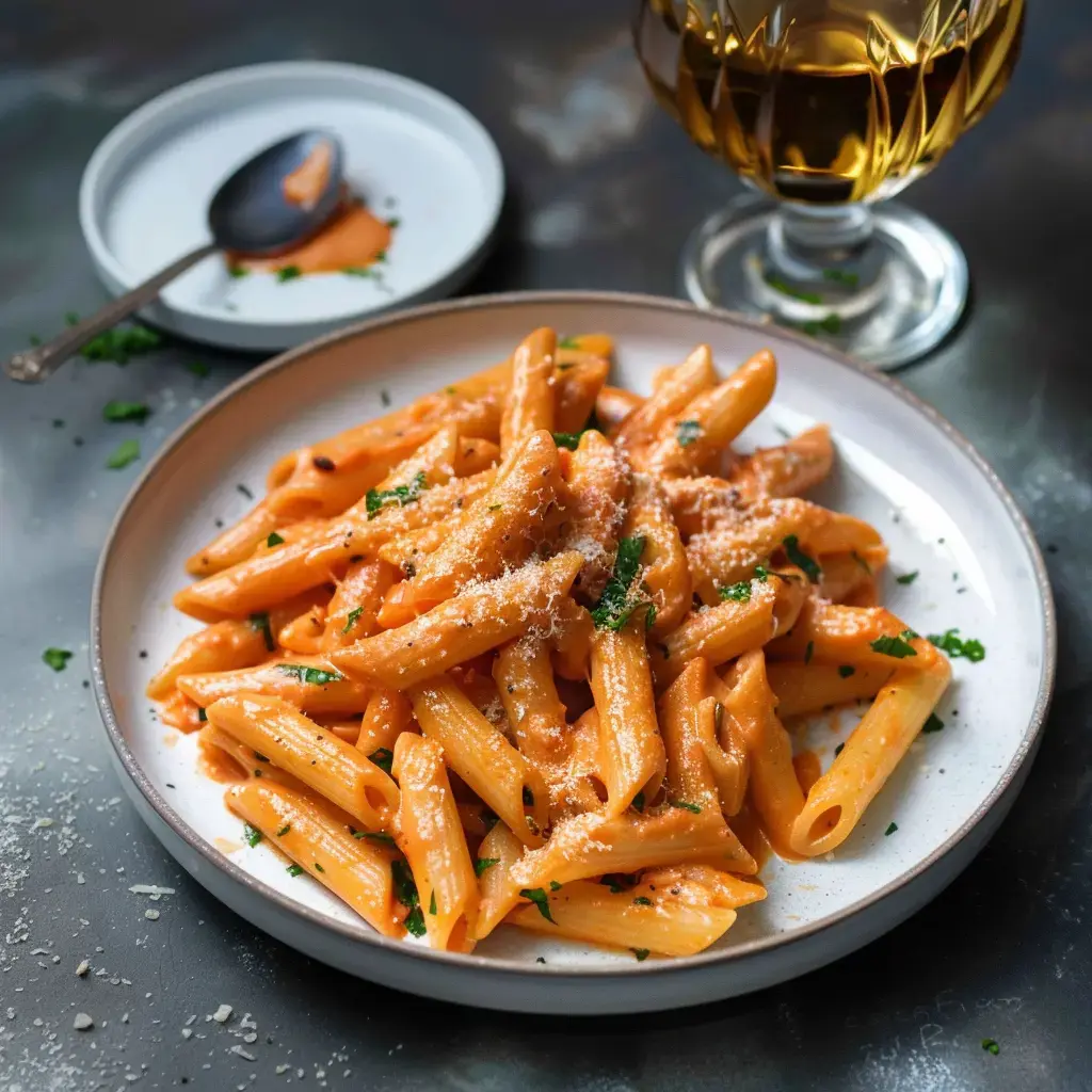 Eine Schüssel Penne in cremiger Tomatensauce, garniert mit Käse und Petersilie, begleitet von einem Getränk.