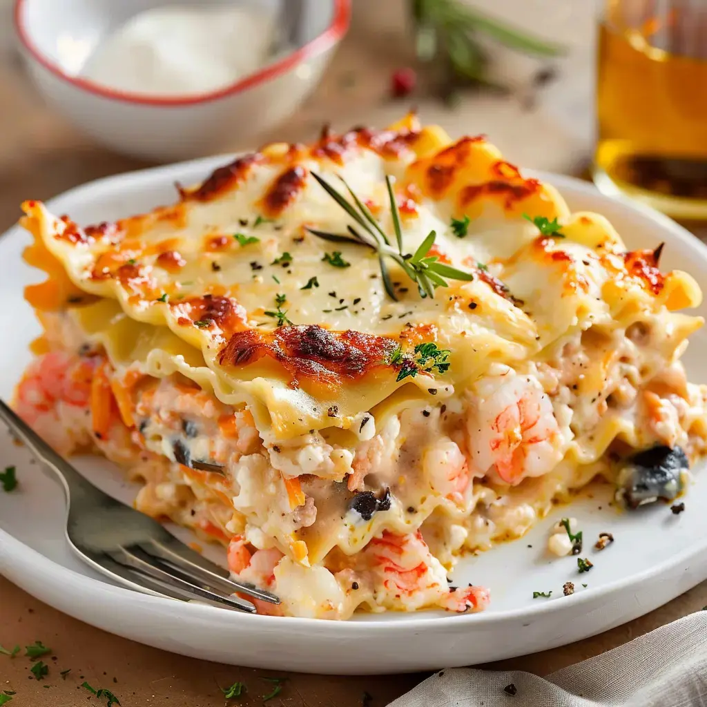 Ein Teller Lasagne mit Meeresfrüchten, mit goldbrauner Kruste und Kräutern garniert.