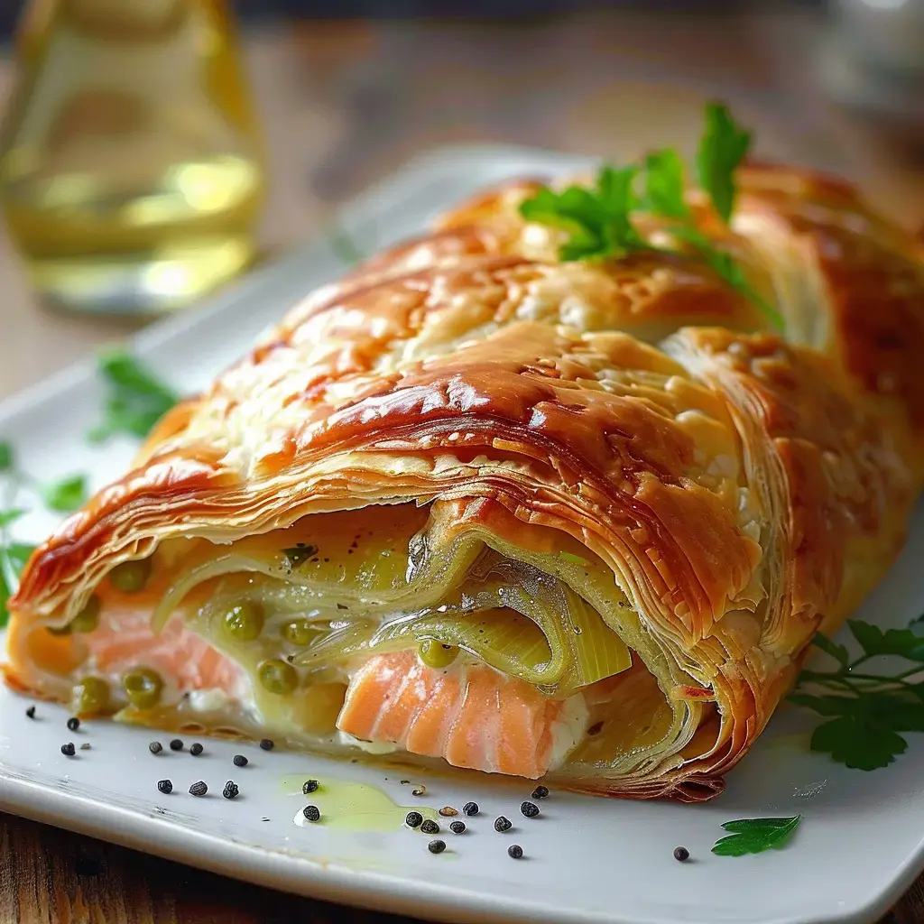 Ein goldener Blätterteig mit Lachs, Lauch und Erbsen, angerichtet auf einem Teller mit einem Schuss Olivenöl.