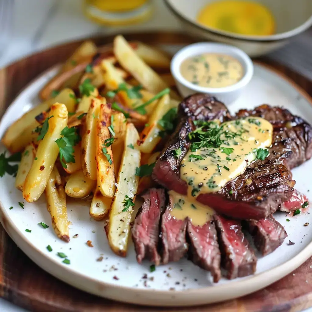 Knusprige Pommes mit saftigem Steak und cremiger Béarnaise-Soße, dekoriert mit frischen Kräutern.