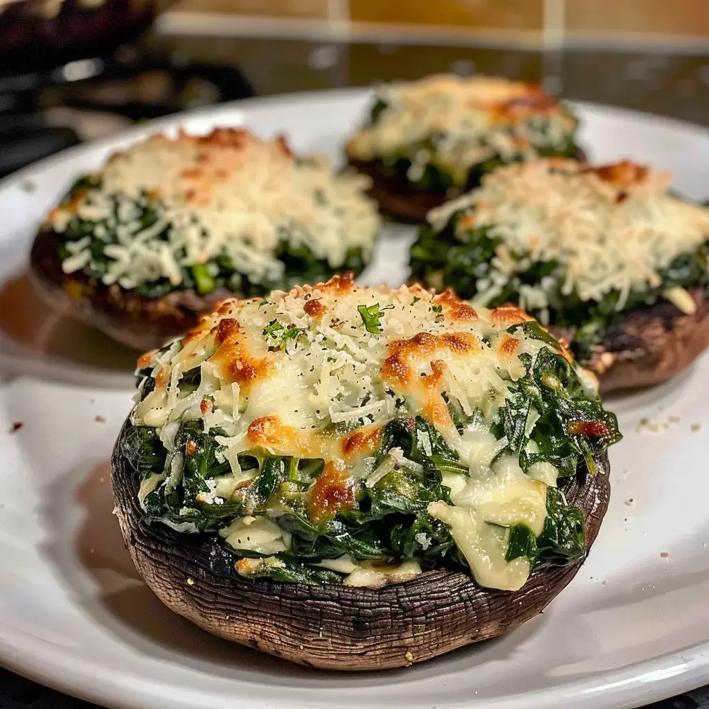 Vier gefüllte Portobello-Pilze mit Spinat und Käse, serviert auf einem weißen Teller.