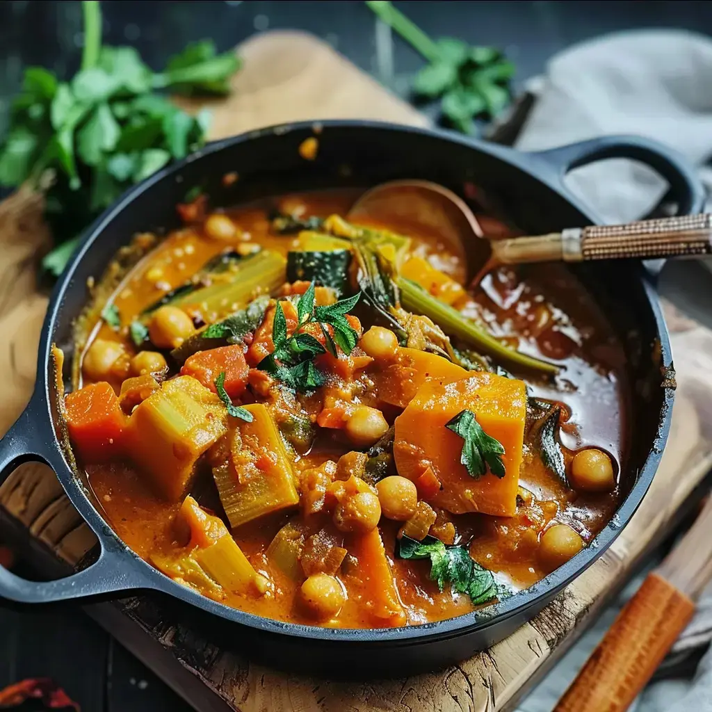 Ein Topf mit buntem Gemüse in einer cremigen Sauce, garniert mit frischer Petersilie.