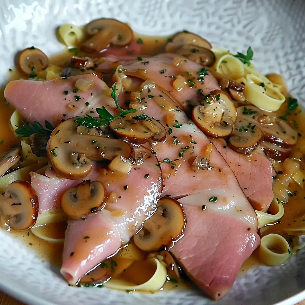 Ein Teller Nudeln mit Fleischscheiben und Pilzen in dunkler Sauce.