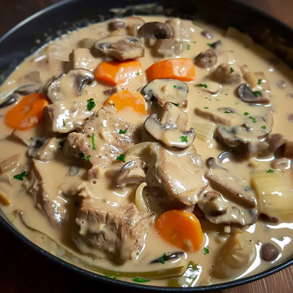 Ein Teller mit cremigem Ragout aus Fleischstücken, Möhren und Champignons in cremiger Sauce.