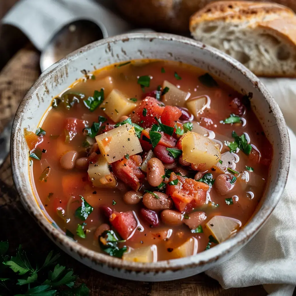 Eine Schale voller warmer Suppe mit Bohnen, Gemüse und Kräutern, dazu Brot auf einem Holztisch.