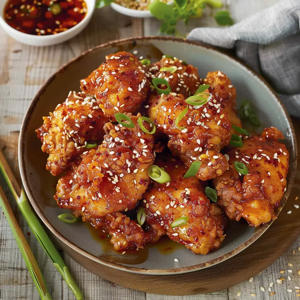 Koreanisches Hähnchen in Chili-Honig-Sauce glasiert, garniert mit Sesam und Frühlingszwiebeln, serviert auf einem Teller.