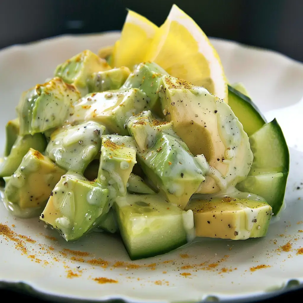Gemischter Salat mit Avocado und Gurke, serviert mit Curry-Dressing und einem frischen Zitronenakzent.