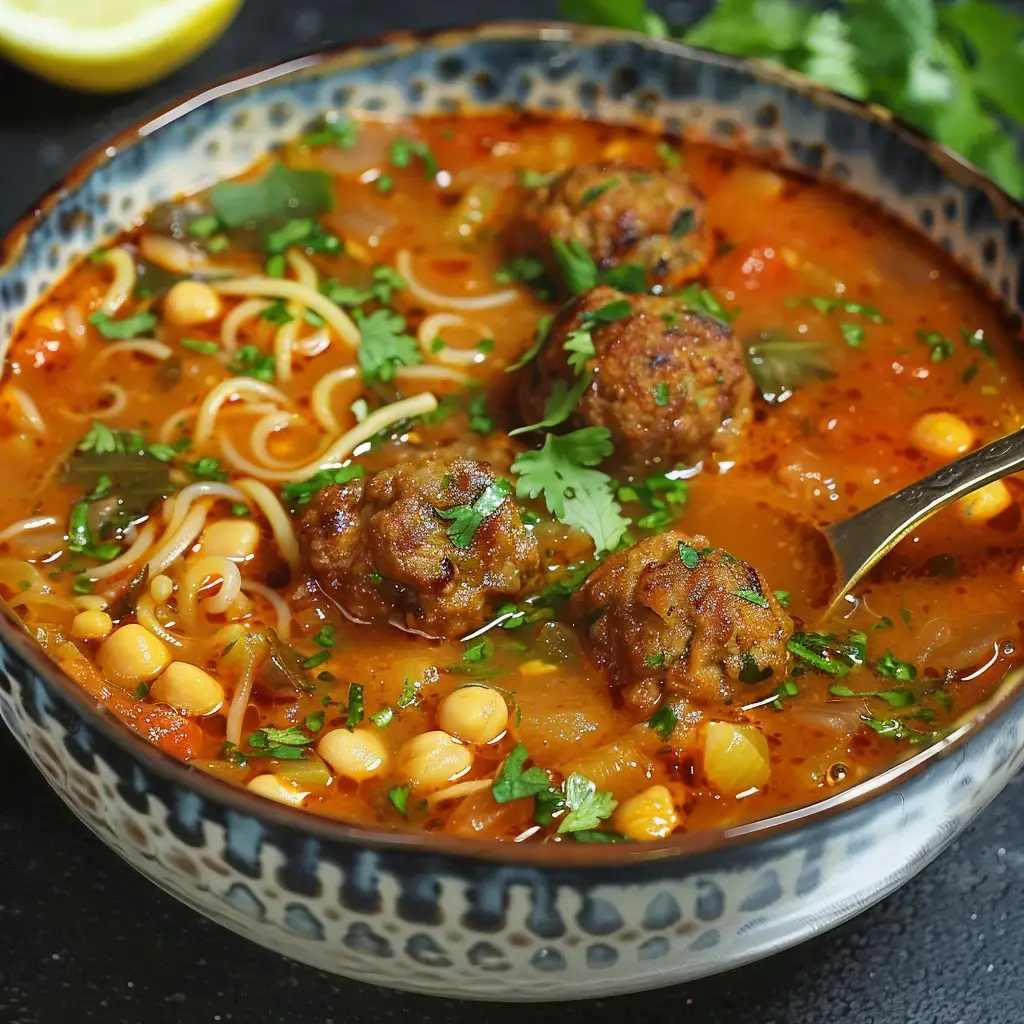 Eine Schüssel würzige Suppe mit Kichererbsen, Fleischklößchen und Nudeln, garniert mit frischem Koriander.