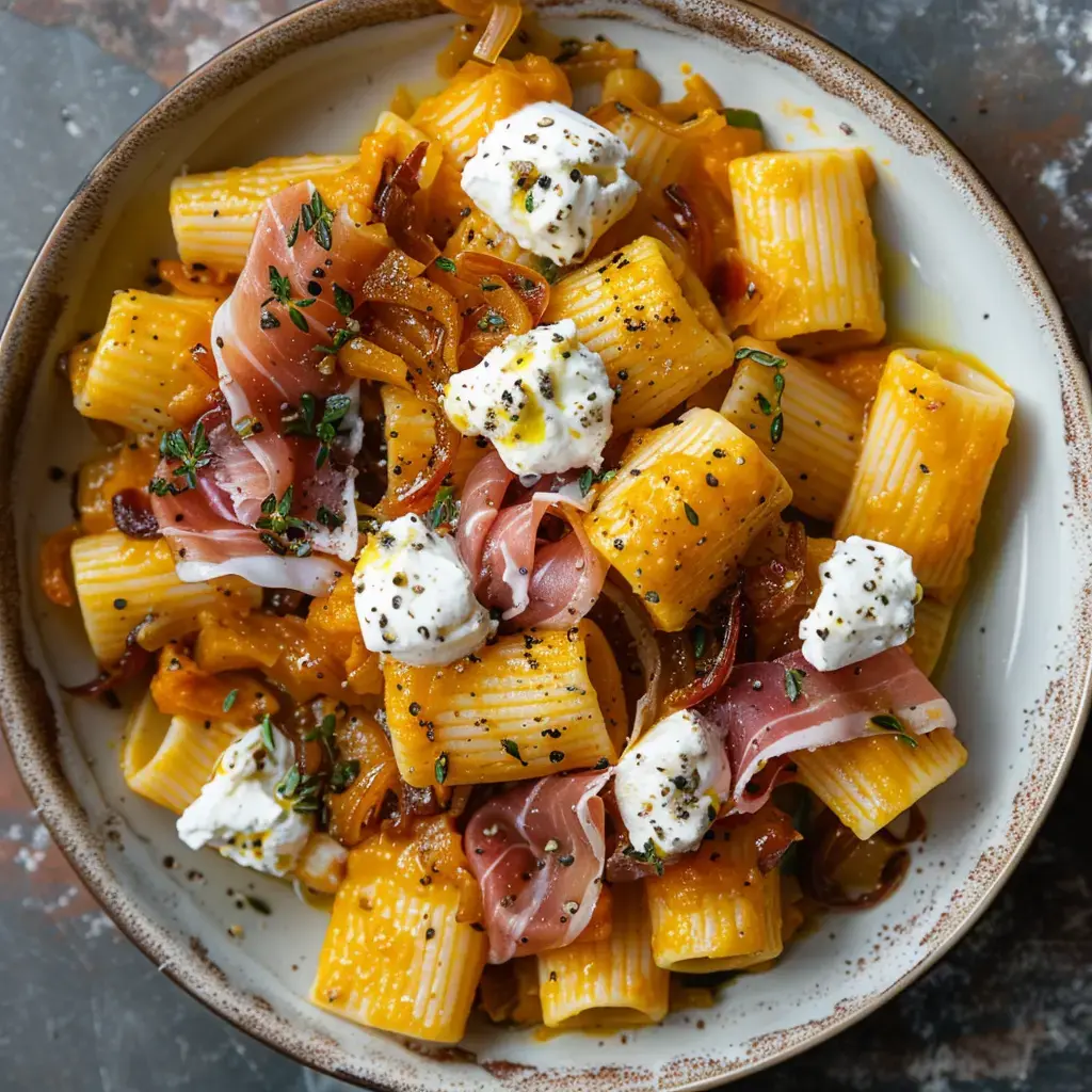 Ein Teller Rigatoni mit Schinkenstücken, cremiger Sauce, karamellisierten Zwiebeln und frischen Kräutern.
