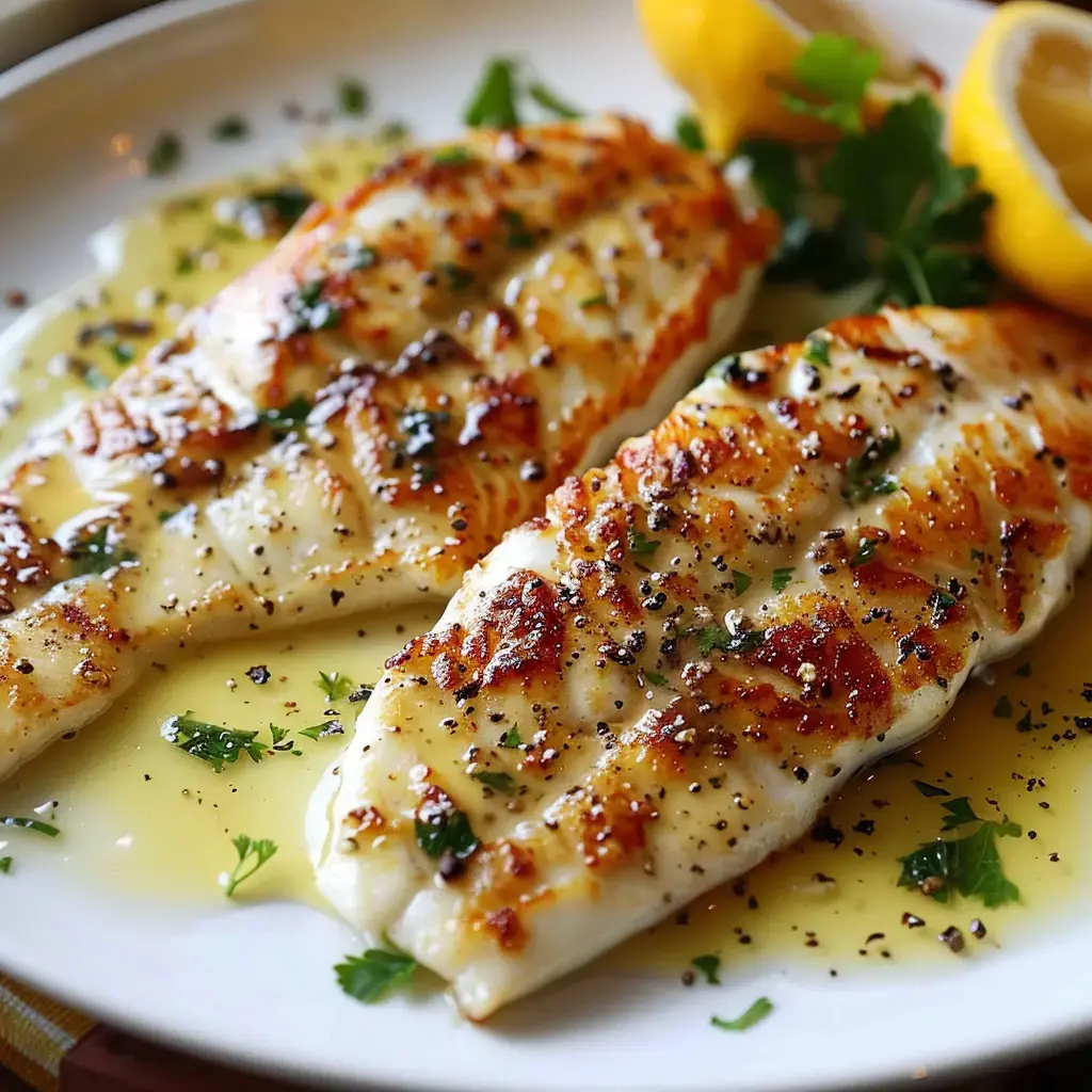Zwei gebratene Fischfilets mit Butter-Zitronensauce und Petersilie, garniert mit Zitronenvierteln, auf einem Teller angerichtet.