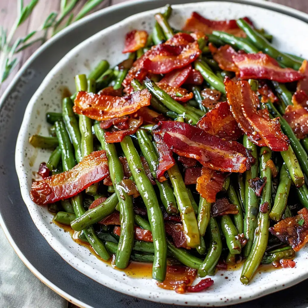 Ein Teller mit grünen Bohnen und knusprigem Bacon.