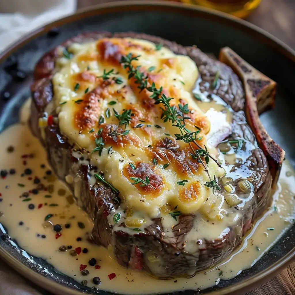 Zartes Rindfleisch, überzogen mit cremiger Sauce und goldbraun gratiniert, garniert mit Thymian.