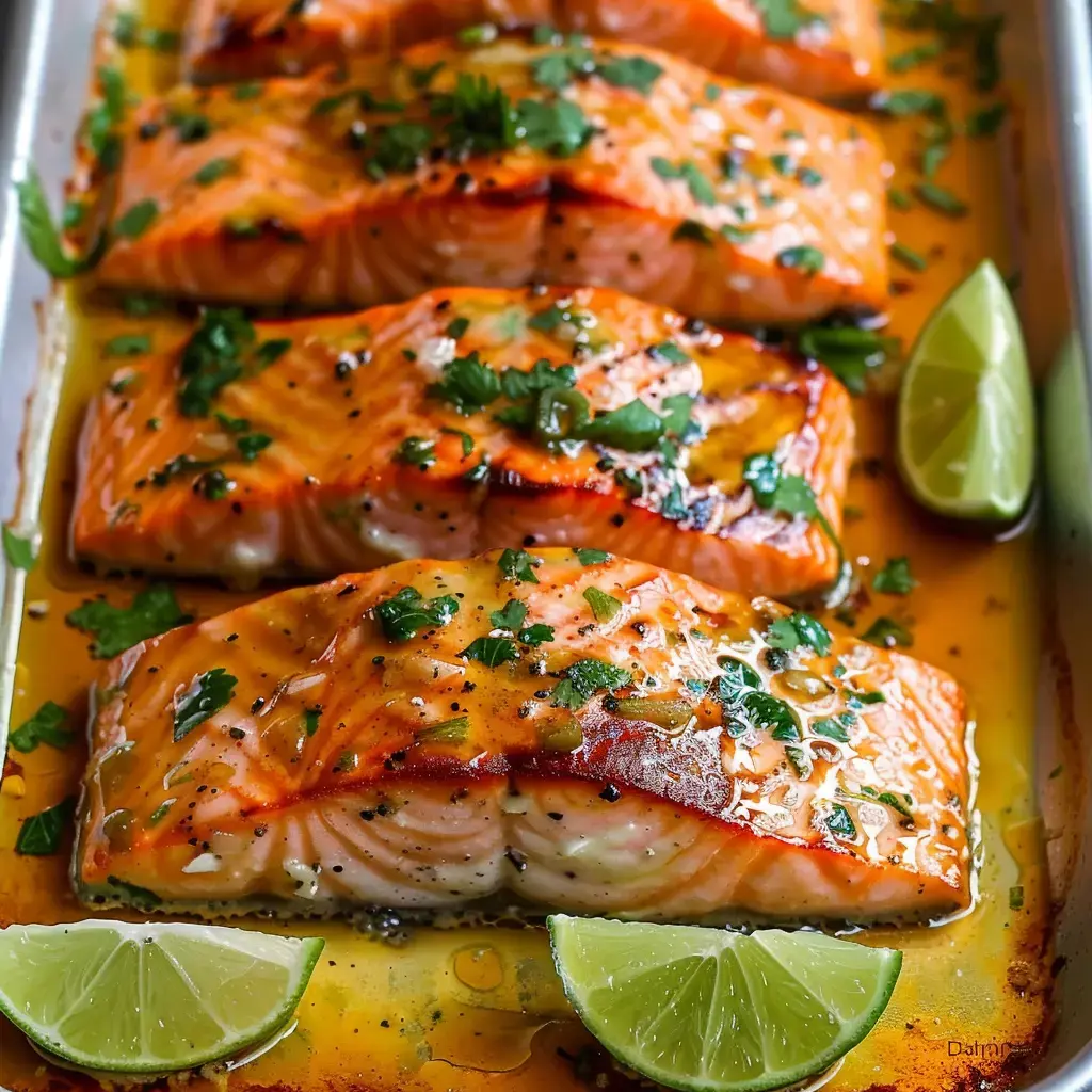 Gegrillter Saumon mit Koriander und Limettenstücken serviert.