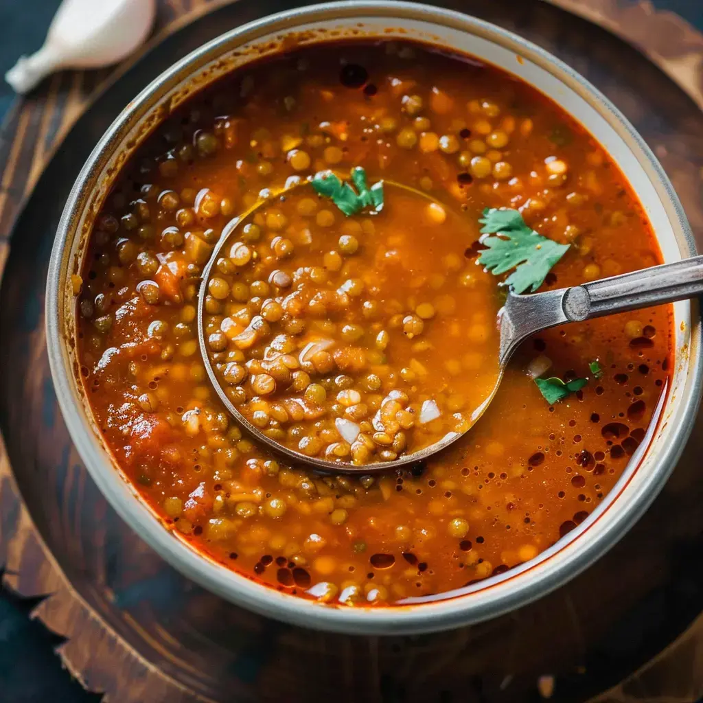 Eine Schüssel Linsensuppe mit Koriander und einem Metalllöffel daneben.