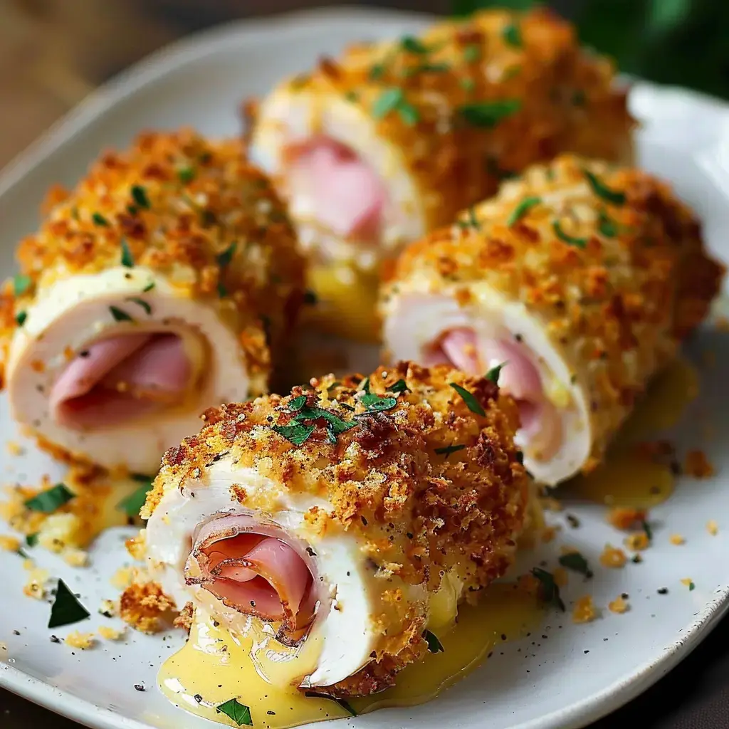 Vier knusprige Hähnchenrollen mit Schinken und Käse, serviert mit einer gelben Soße, auf einem Teller angerichtet.