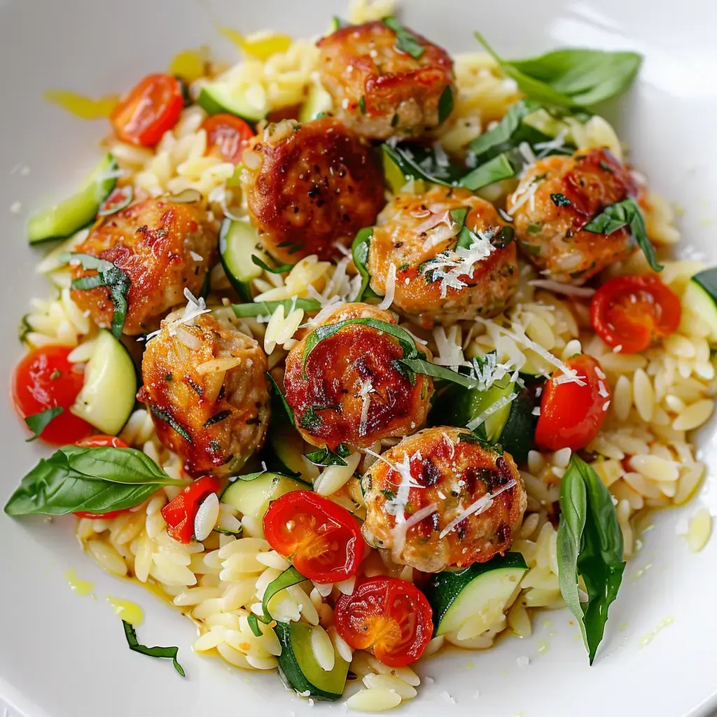 Ein Teller mit Orzo-Nudeln, Fleischbällchen, Kirschtomaten, Zucchini und frischem Basilikum.