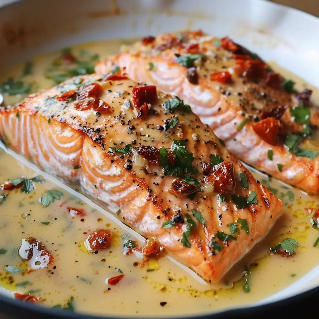 Zwei Lachsstücke in cremiger Sauce, verziert mit getrockneten Tomaten und frischen Kräutern.