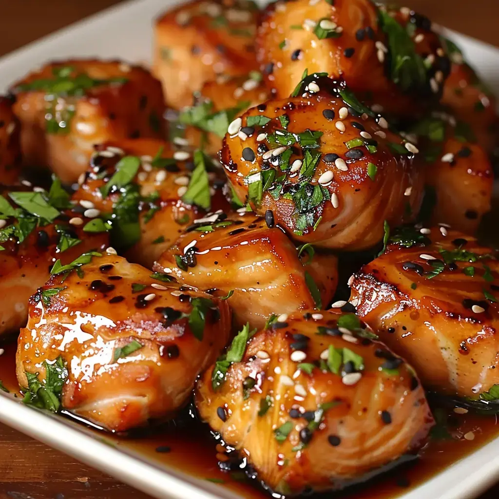 Saftige Saumon-Stücke mit frischen Kräutern und Sesamkörnern, mit glänzender Sauce verfeinert.