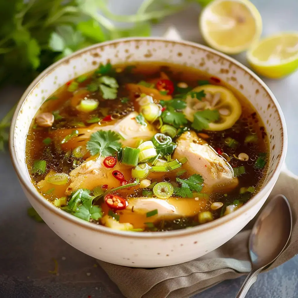 Schale heiße Hühnchensuppe mit frischem Koriander, Frühlingszwiebeln und Chili, daneben Zitronenscheiben.